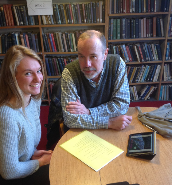 Ella Joyce and David Belbin discussing their forthcoming chapter at Bromley House Library